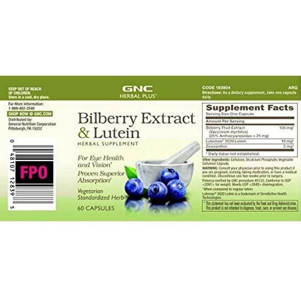 GNC Herbal Plus Bilberry Extract & Lutein 60 Capsules